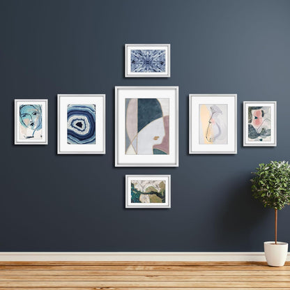 Frametory, Black Aluminum Picture Frame with Removable Mat - Set of 7 Includes Four 5x7, Two 8x10, One 11x14 - Real Glass Front - Simple Gallery Wall Frames for Art Prints and Posters