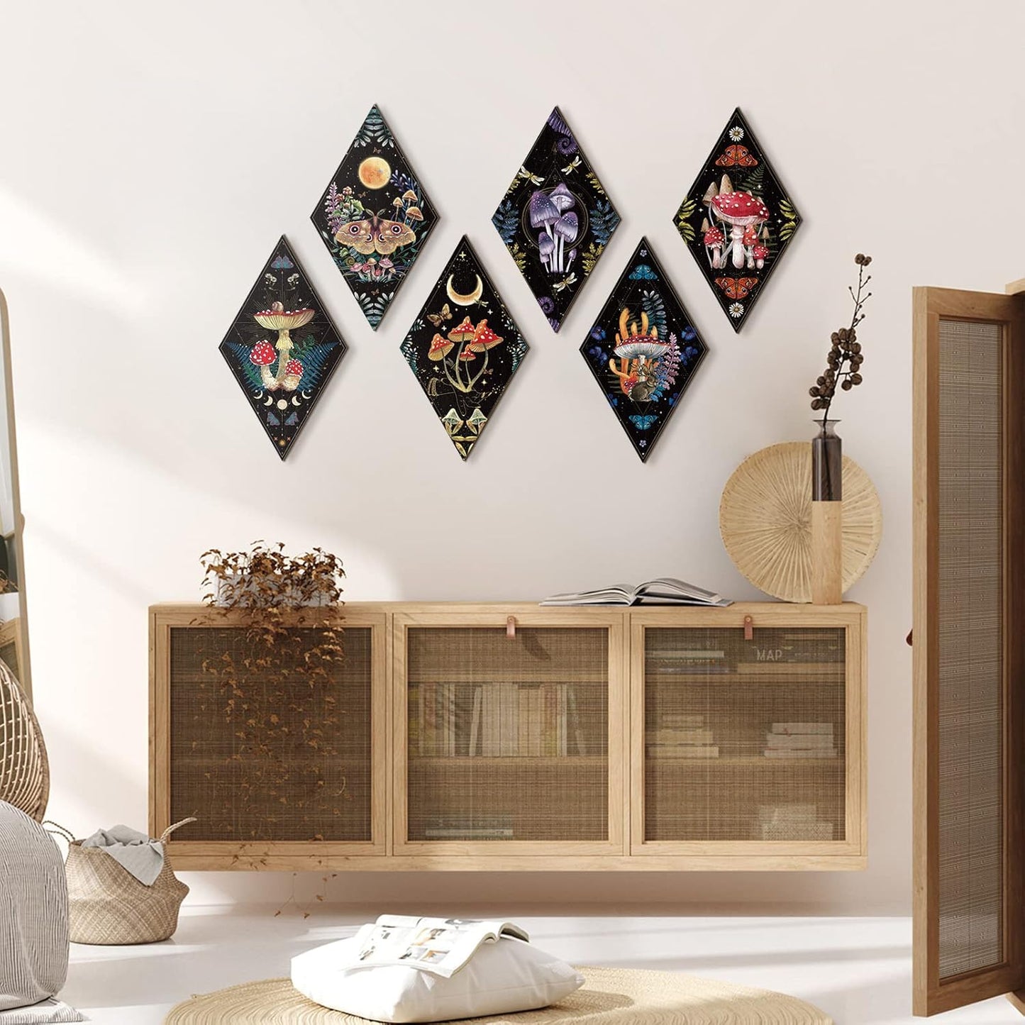 Sintuff 6 Pieces Gothic Wall Decor Boho Sun Moon Phases Wall Art Gothic Minimalist Stars Sun Hanging Wooden Home Decor Farmhouse Pediments for Gallery Living Bedroom Room(Mushroom)