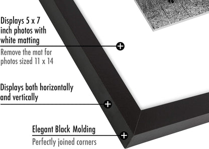 Americanflat 11x14 Picture Frame with Shatter-Resistant Glass - Use as 5x7 Frame with Mat or Display 11x14 Photo Without Mat - Signature Collection - Picture Frames for Wall Display - Black