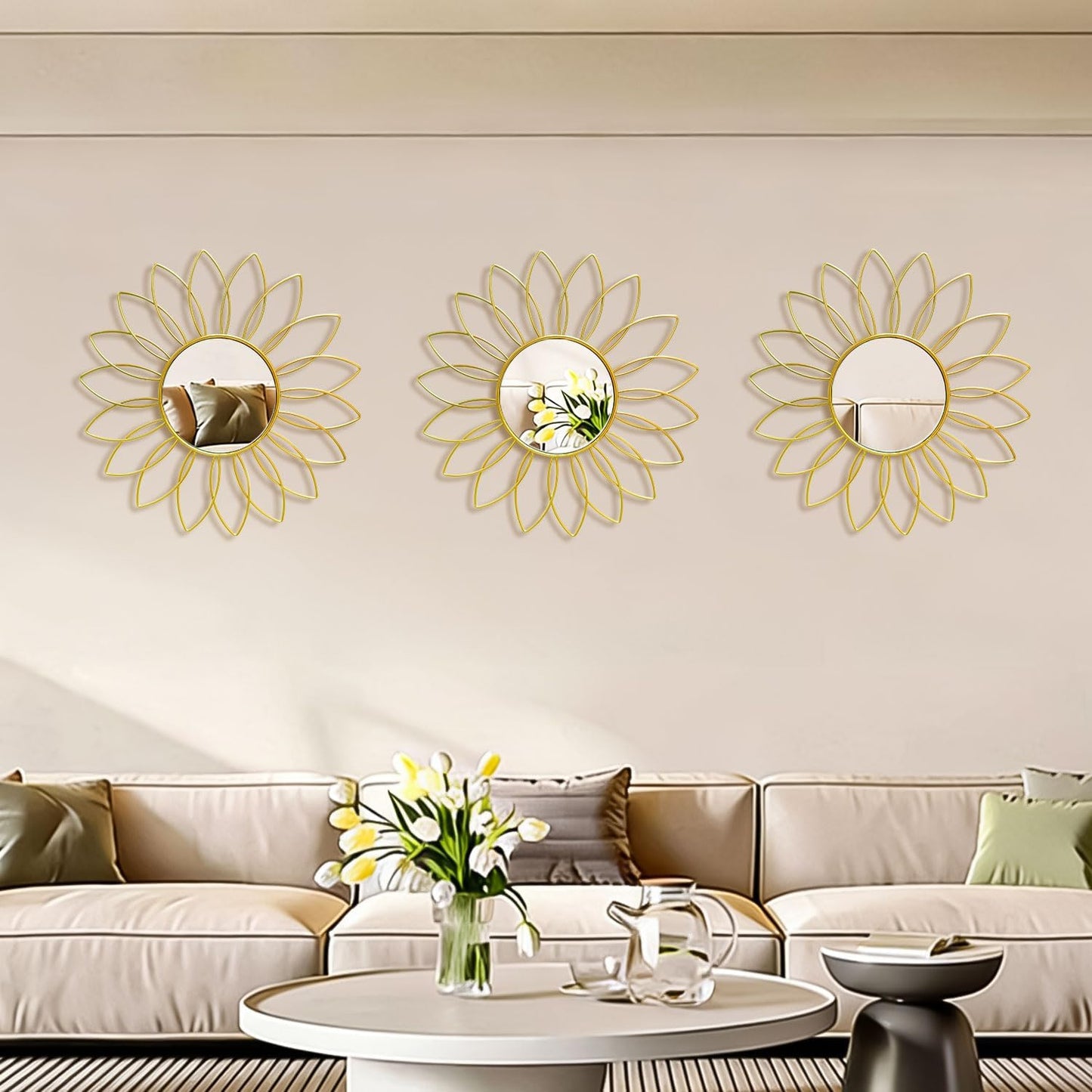 3 Pack Metal Mirrors for Wall Sunburst Wall Mirrors Home Décor Decorative Hanging Wall Art for Living Room Bedroom Entryway (Gold, Flower+Sunburst)