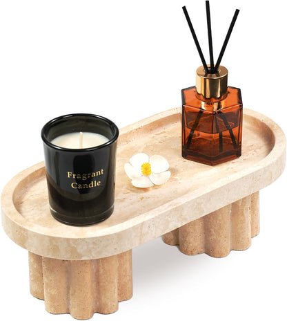 Marble Perfume Tray with Legs - Oval Decorative Stone Pedestal for Bathroom Vanity Coffee Table Kitchen Countertop, Footed Jewelry Candle Organizers Catchall Plate Riser with Scalloped Feet
