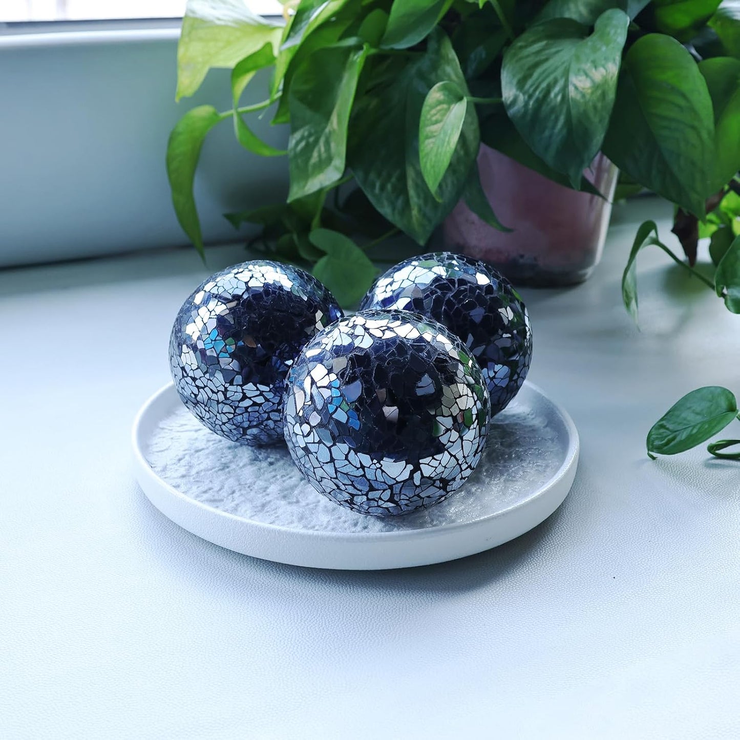 3 Pack Blue Decorative Orbs Mosaic Crack Glass Balls Decor Solid Sphere Globe Bowl Vase Fillers Holiday Living Room Mantle Basket Centerpiece 3.35 Inch