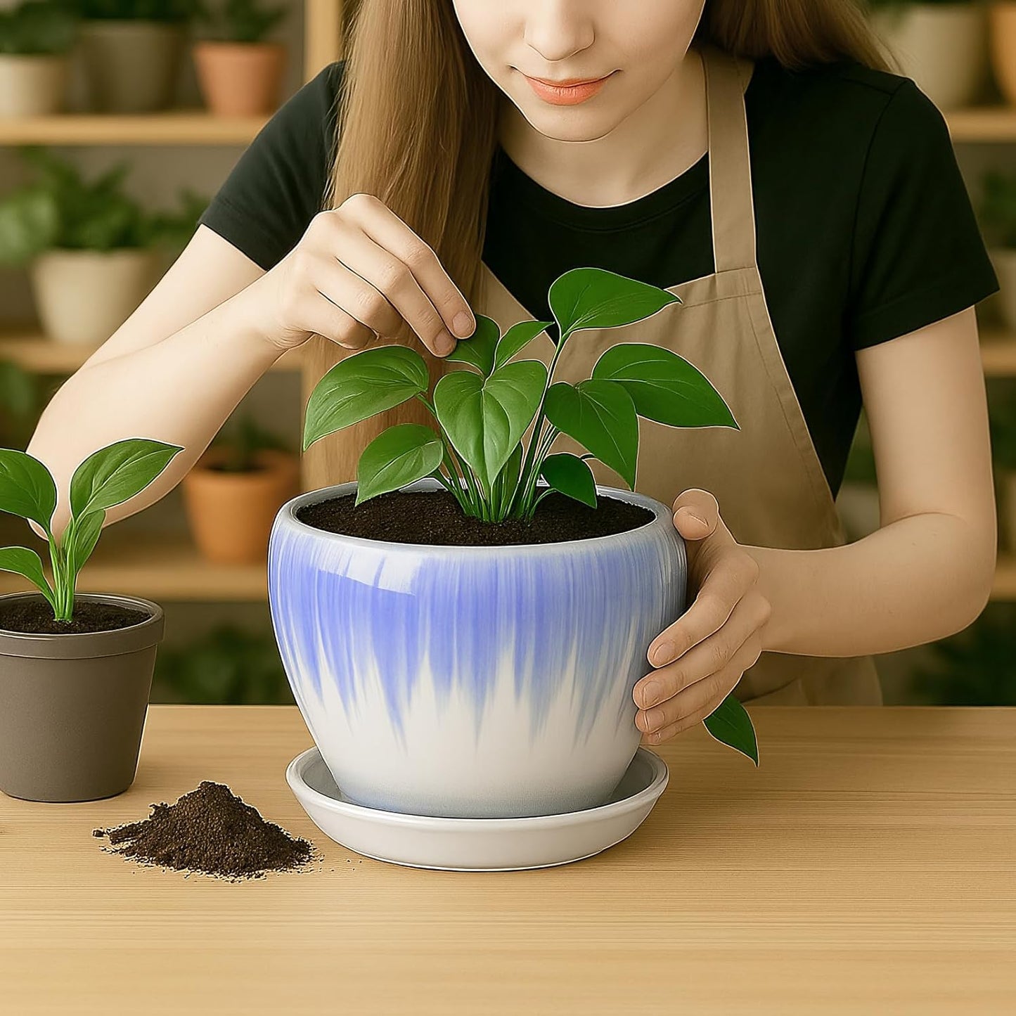 Deep Dream 6 Inch Plant Pots- Ceramic Planter Pot with Drainage Hole and Saucer, Round Flower Pot for Indoor Outdoor Succulent, Snake Plants and Cactus, Blue