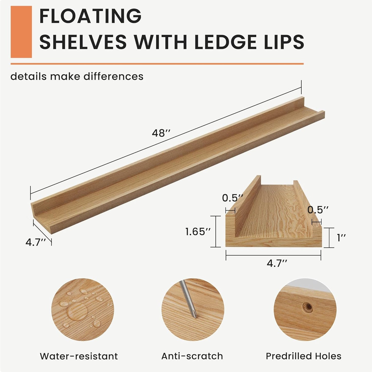 FLYJOE Picture Ledge Shelf, Floating Shelves Set of 2, Solid Pine Wood 55'' Long Large Nursery Book Shelves for Toys Storage, Kids Bookshelf for Living Room Bedroom Decor Books Photo Frames, Walnut