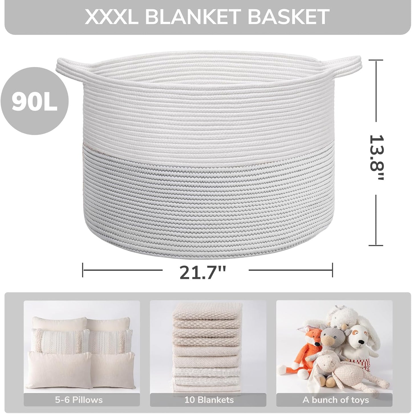 INDRESSME XXXLarge Blanket Basket for Living Room 21.7" x 21.7" x 13.8"-Storage Basket with Handle for Organizing Toy Pillows Woven Cotton Rope Laundry Basket Stuffed Animal Toy Storage for Play Room