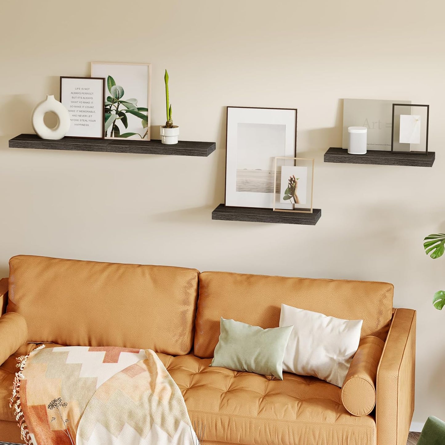 Fixwal Black Floating Shelves for Wall, Rustic Wood Shelves for Bathroom, Living Room, Bedroom and Kitchen, Wall Shelves for Storage, Books, Room Decor (Set of 4, 15.8 Inch)