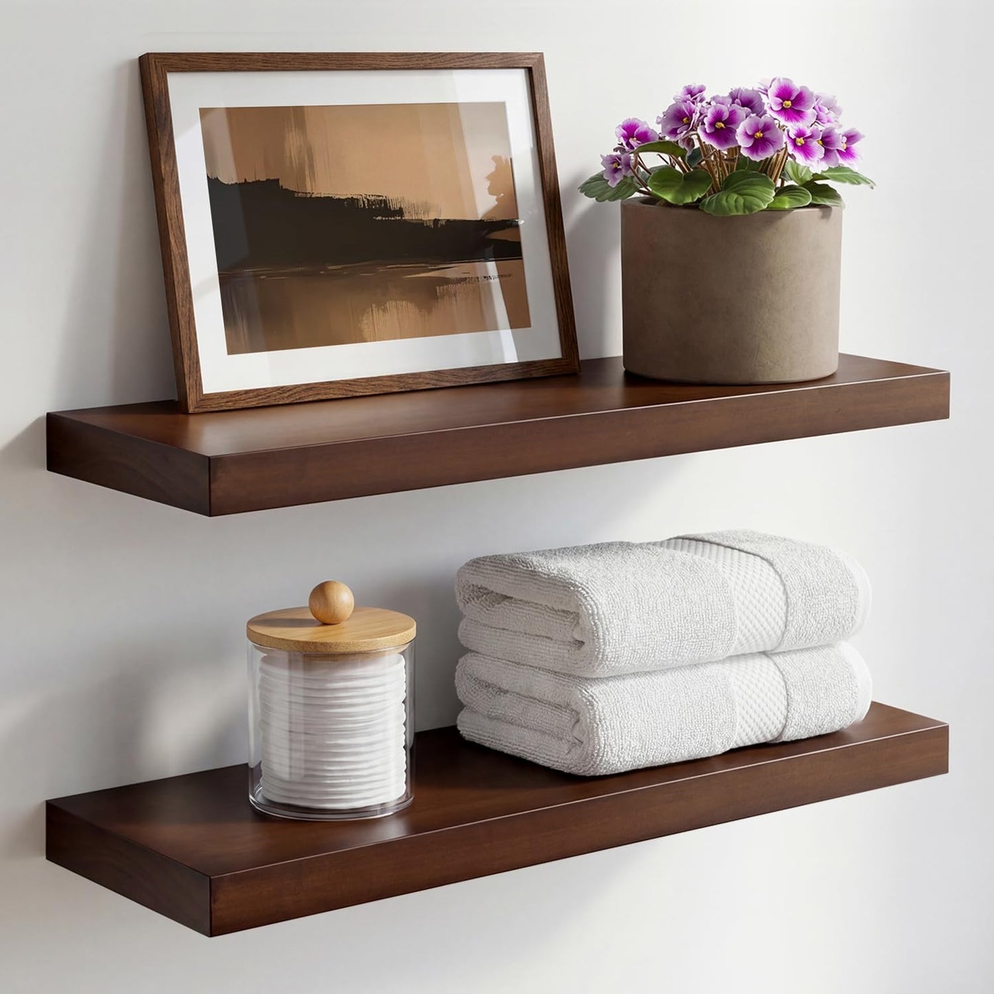 Homeforia 24 inch Natural Floating Shelf, High End Solid Real Wood 24inch Small Floating Shelves for Wall Mounted, Natural Wooden Floating Shelves, Heavy Duty Bracket, 24 X 6.5 X 1.75 in, Set of 2