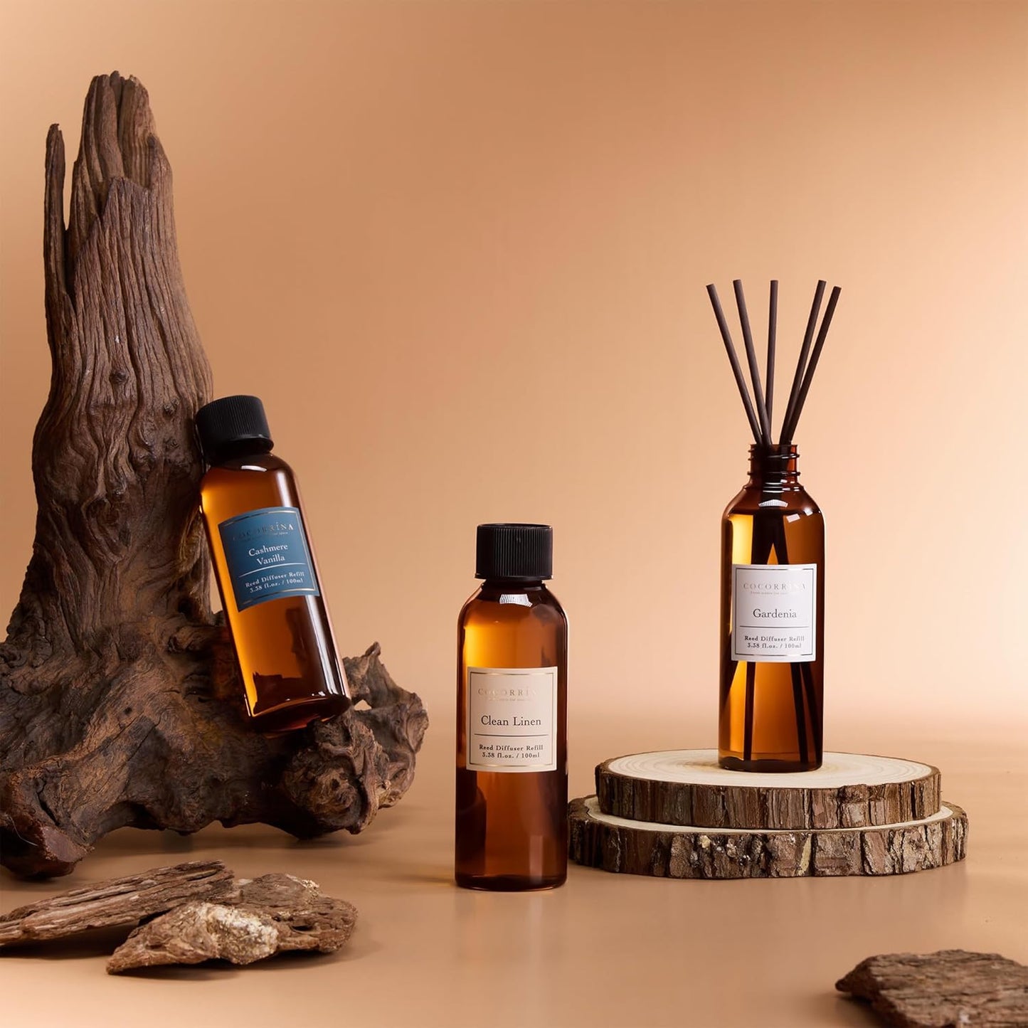 COCORRÍNA Reed Diffuser Set, 10.2oz Scented Oil Refill 3 Pack, Cashmere Vanilla, Ocean Mist, Lavender Garden, Long Lasting Oil Diffuser Refill with 18 Sticks for Bathroom & Bedroom