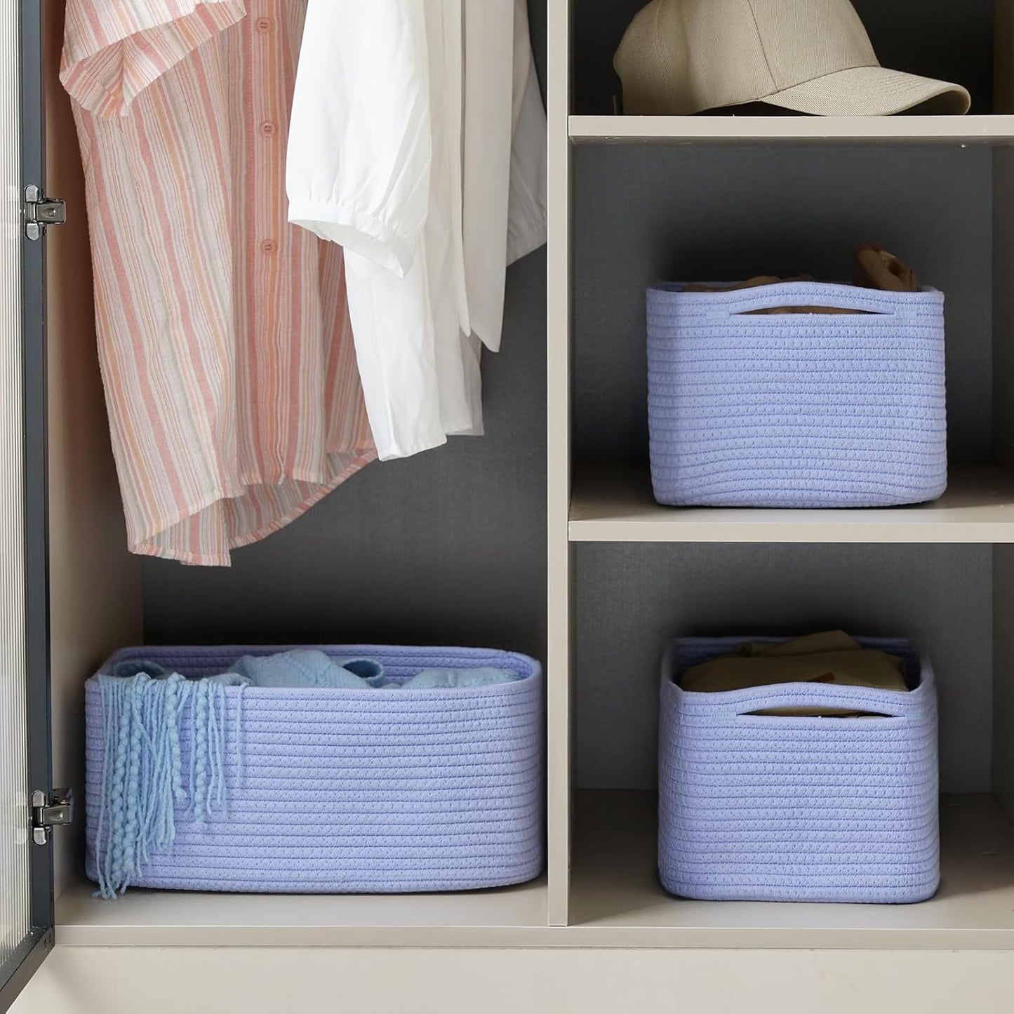 3-Pack Small Storage Baskets for Organizing | Woven Shelf Toy Basket | Rope Baskets for Gifts Empty | Closet Organizer Bins with Handles | Cube Decorative Box | 11.8×7.8×5.1” | Mixed brown