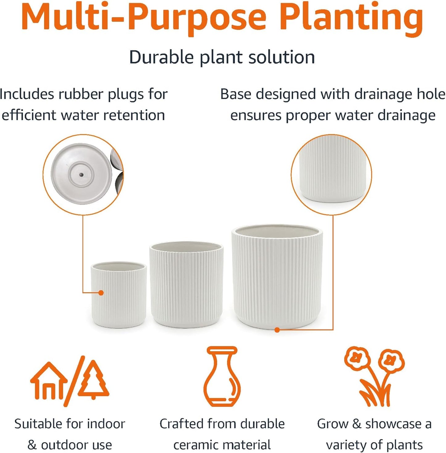 Amazon Basics Fluted Ceramic Round Planter with Drainage Hole, Indoor Outdoor Flower Pot, 10-inch, White