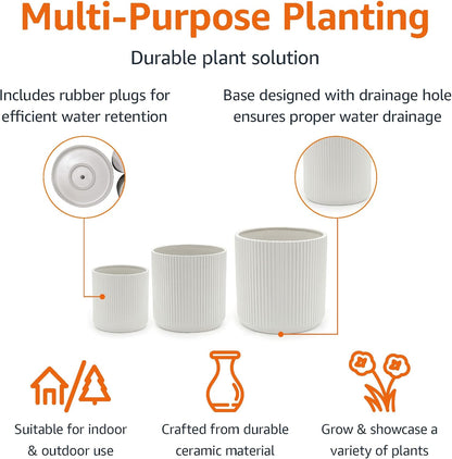 Amazon Basics Fluted Ceramic Round Planter with Drainage Hole, Indoor Outdoor Flower Pot, 10-inch, White