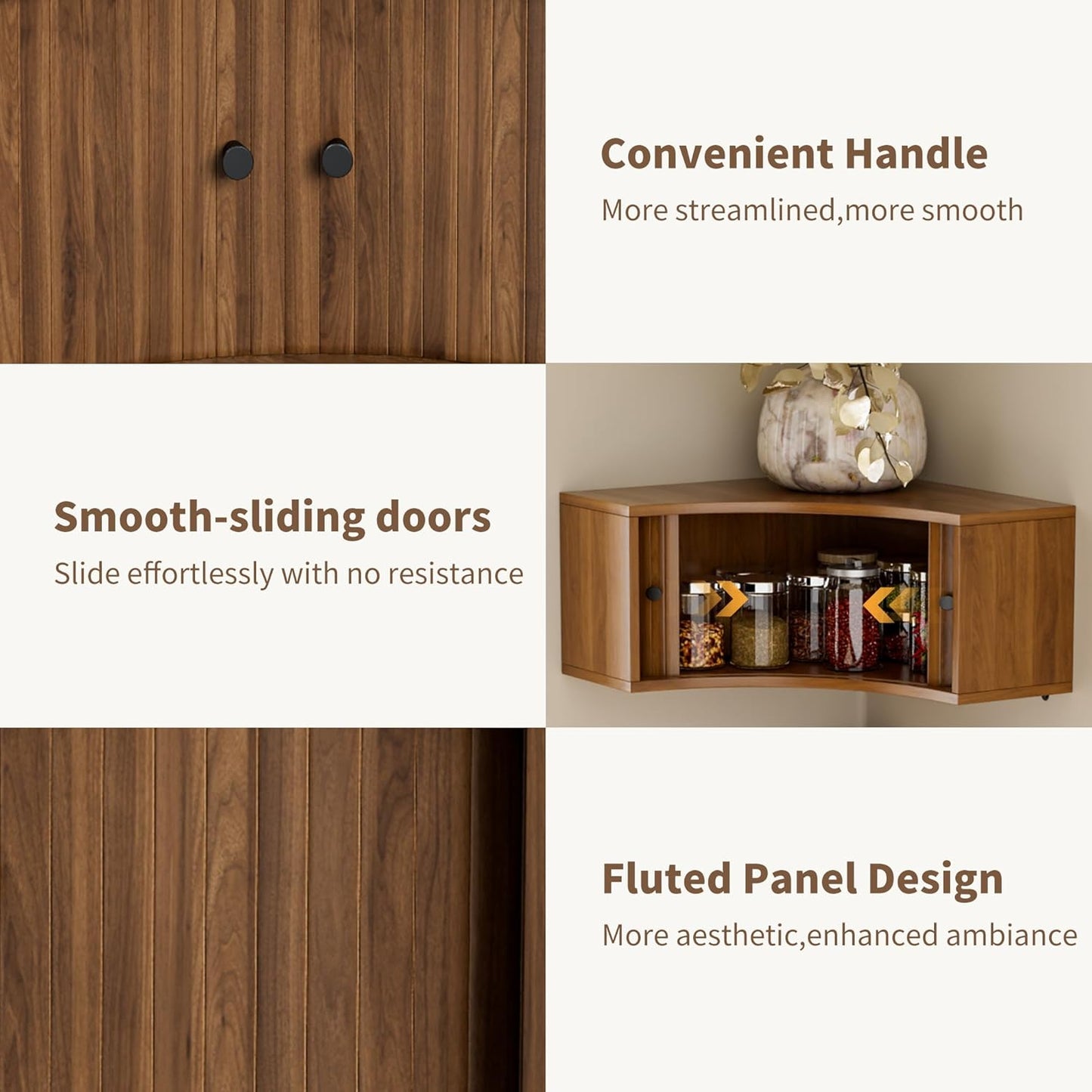 Corner Shelves Wall Cabinet Set of 3, Floating Corner Shelf Organizer with Sliding Doors, Fluted Wall Cabinet for Living Room, Bedroom, Office, Small Space, Walnut (Curved, 15.74“)