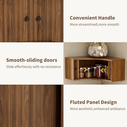 Corner Shelves Wall Cabinet Set of 3, Floating Corner Shelf Organizer with Sliding Doors, Fluted Wall Cabinet for Living Room, Bedroom, Office, Small Space, Walnut (Curved, 15.74“)