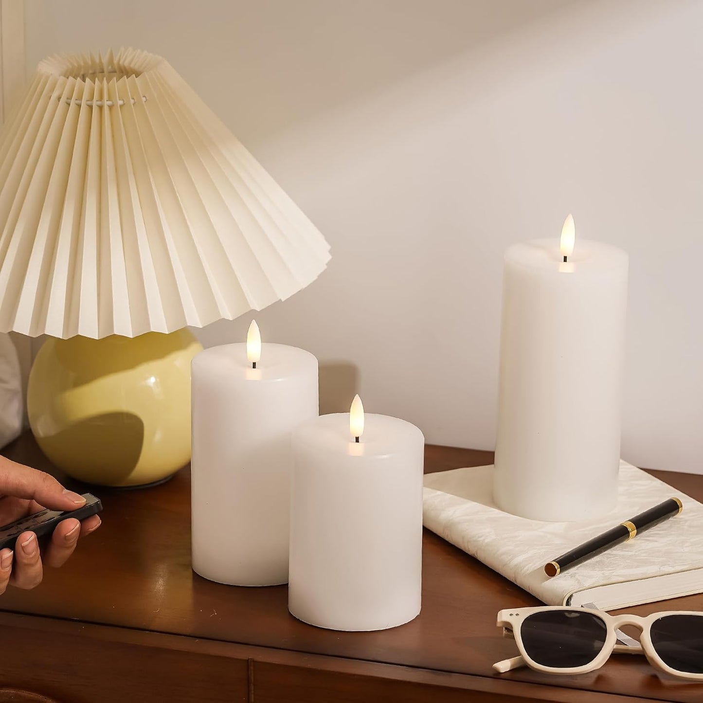 Stmarry Ivory Flameless Candles with Remote and Timer, Real Wax Made LED Pillar Candles Battery Operated with 3D Flickering Flame - 3" x 4",5",6" - Set of 3