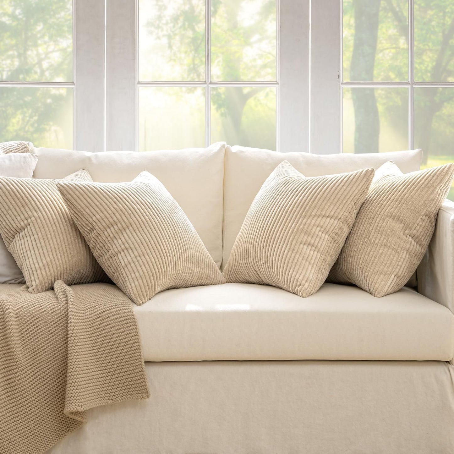 MIULEE Boho Farmhouse Sage Green Throw Pillow Covers 18x18 Inch Set of 4 Mordern Nordic Cushion Covers Soft Corduroy Spring Home Decor for Couch Bed Sofa Living Room Forest Green