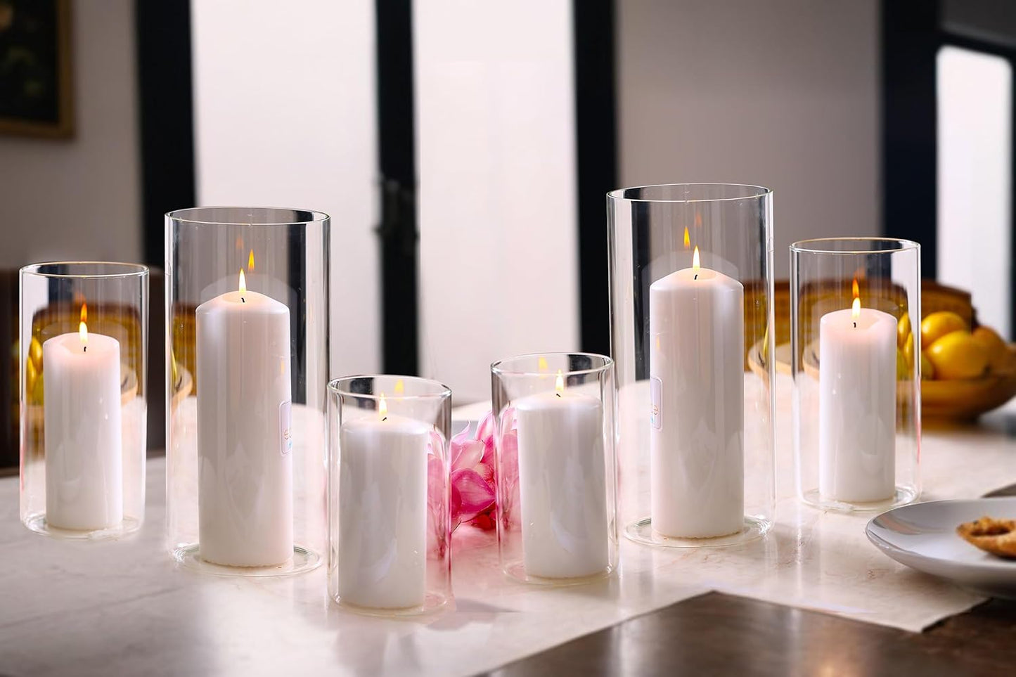 PHOSPHOR Hurricane Candle HoldersFor Pillar Candle Clear Glass Cylinder Centerpieces Vases Table Decoration Centerpiece Floral Room Decor Clear Seeded Bubbles Living Dining Kitchen 3 Pieces