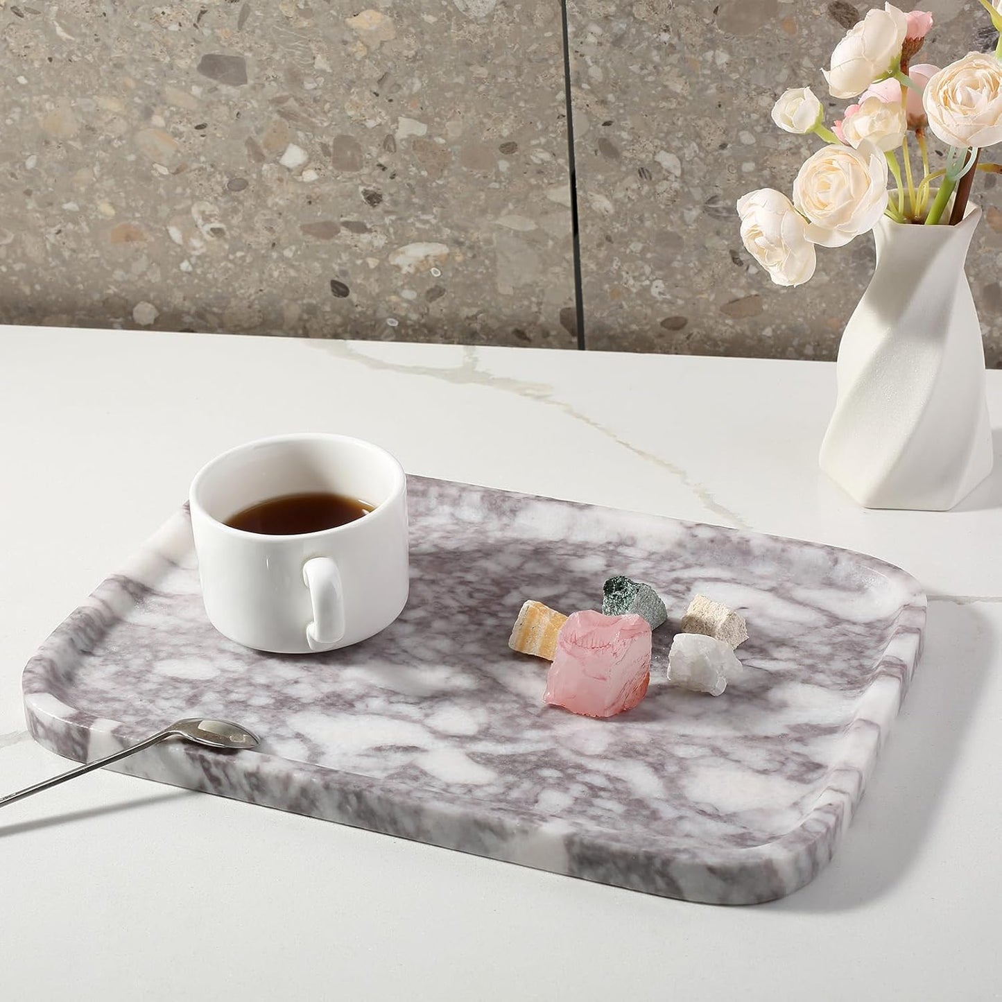 Marble Vanity Tray for Dresser Organizer, Travertine Bathroom Tray Countertop, Beige Decorative Serving Trays, Kitchen Sink Storage, Jewelry & Perfume Holder(Travertino Romano)
