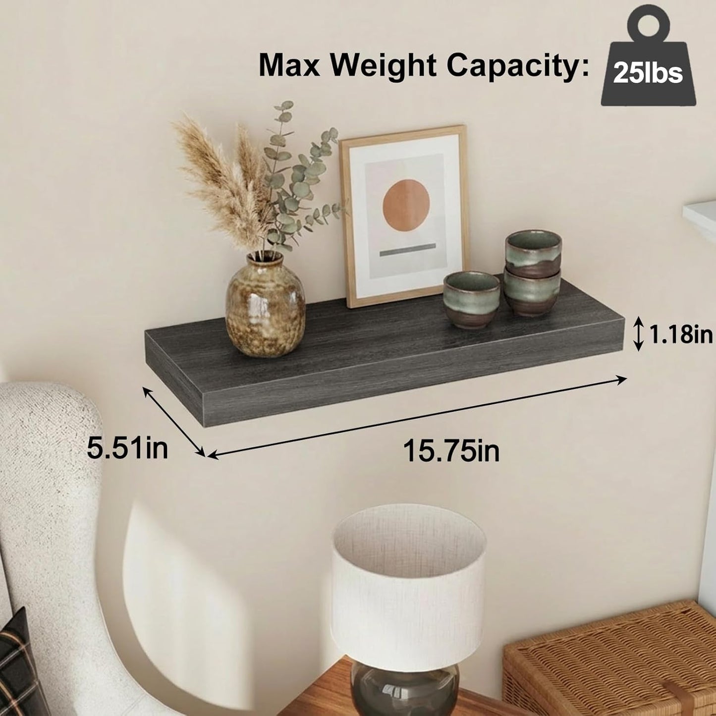 Fixwal Black Floating Shelves for Wall, Rustic Wood Shelves for Bathroom, Living Room, Bedroom and Kitchen, Wall Shelves for Storage, Books, Room Decor (Set of 4, 15.8 Inch)