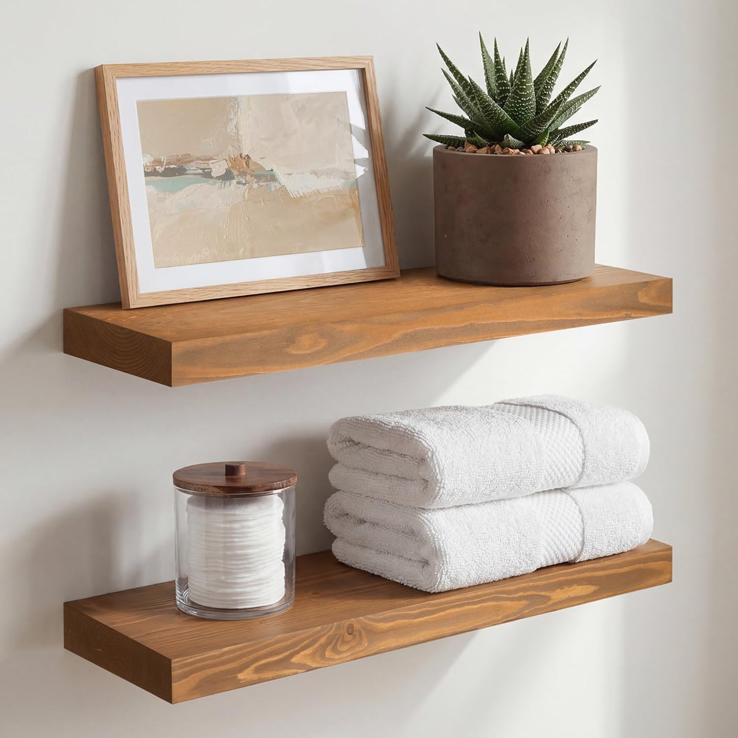Homeforia 24 inch Natural Floating Shelf, High End Solid Real Wood 24inch Small Floating Shelves for Wall Mounted, Natural Wooden Floating Shelves, Heavy Duty Bracket, 24 X 6.5 X 1.75 in, Set of 2