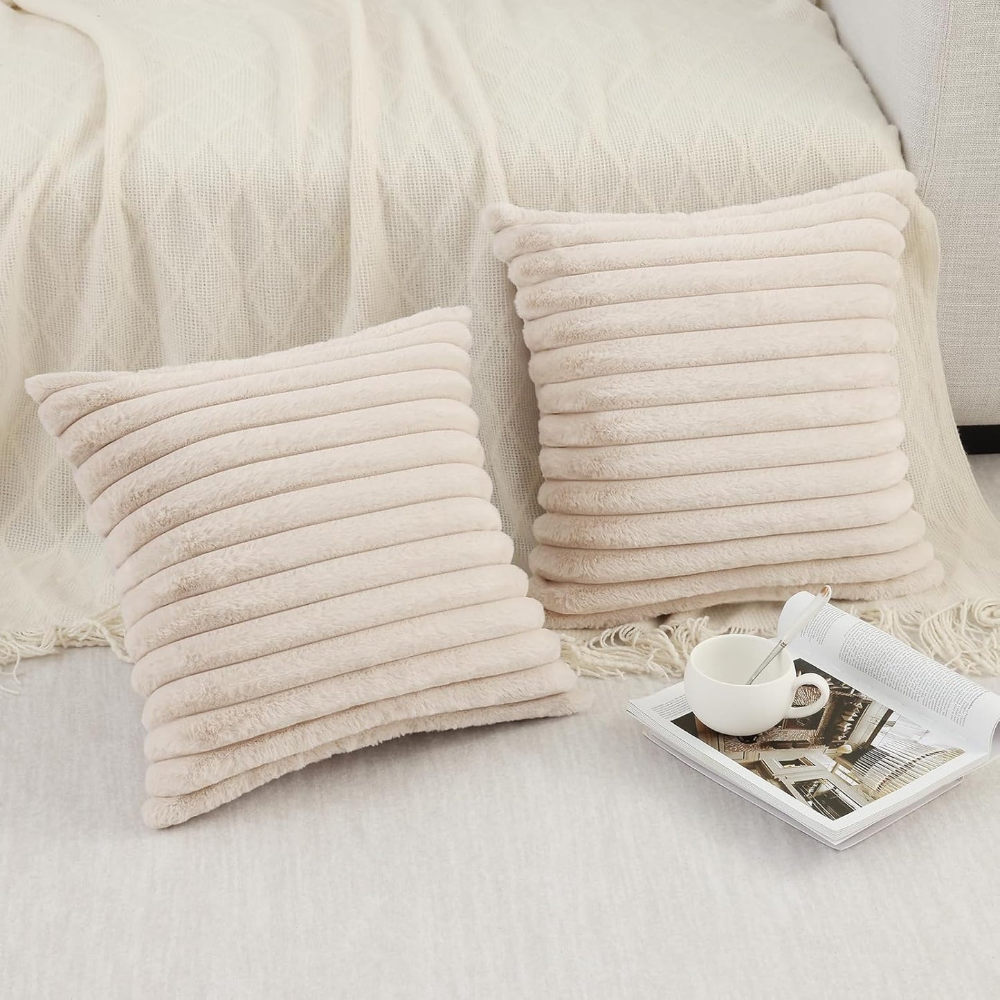 Pallene Faux Fur Plush Throw Pillow Covers 18x18 Set of 2, Luxury Soft Fluffy Striped Decorative Pillow Covers for Sofa, Couch, Living Room, Cream White