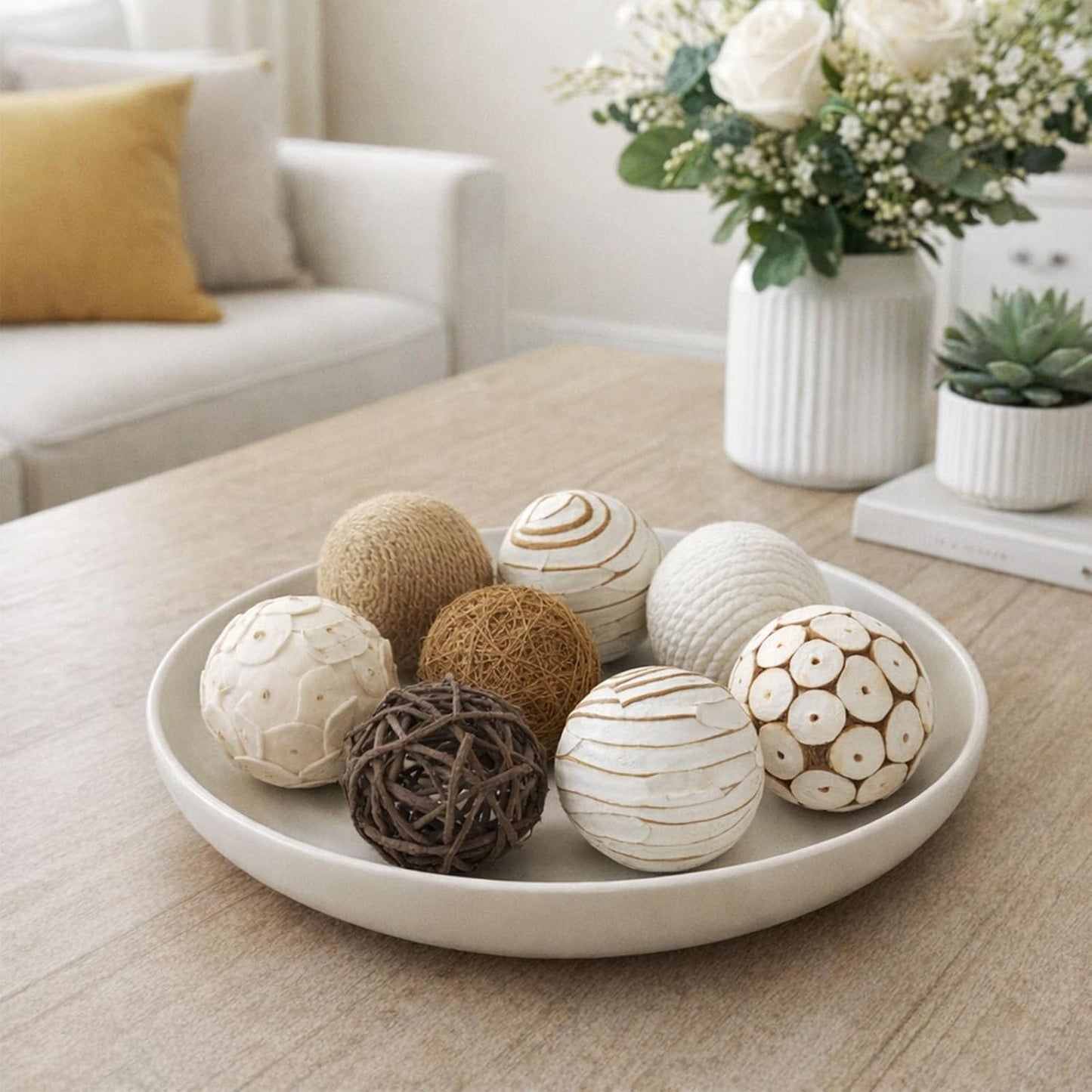 6pcs Decorative Balls for Bowl Centerpiece, 2.4 Inch Orbs Spheres Decor Balls Rattan Wicker Balls for Bowl Fillers, DIY Home Vase Table Decor