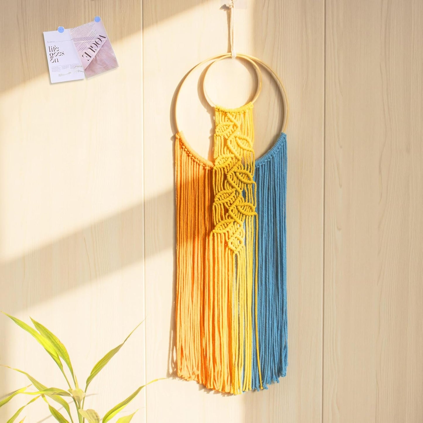 LB Boho Macrame Wall Hanging - Green and Beige Handmade Cotton Woven Decor, Modern Geometric Bohemian Tapestry Wall Decor for Bedroom Living Room Home (31.5"x9.84") Nature-Inspired Room Decor
