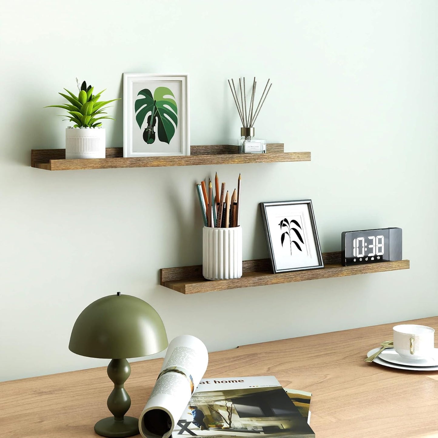 White Floating Shelves for Wall Decor, Wall Mounted Wood Storage Shelf for Bedroom, Living Room, Bathroom, Kitchen, Nursery, Display Picture Ledge Shelf with Lip Set of 2-14 Inches, White