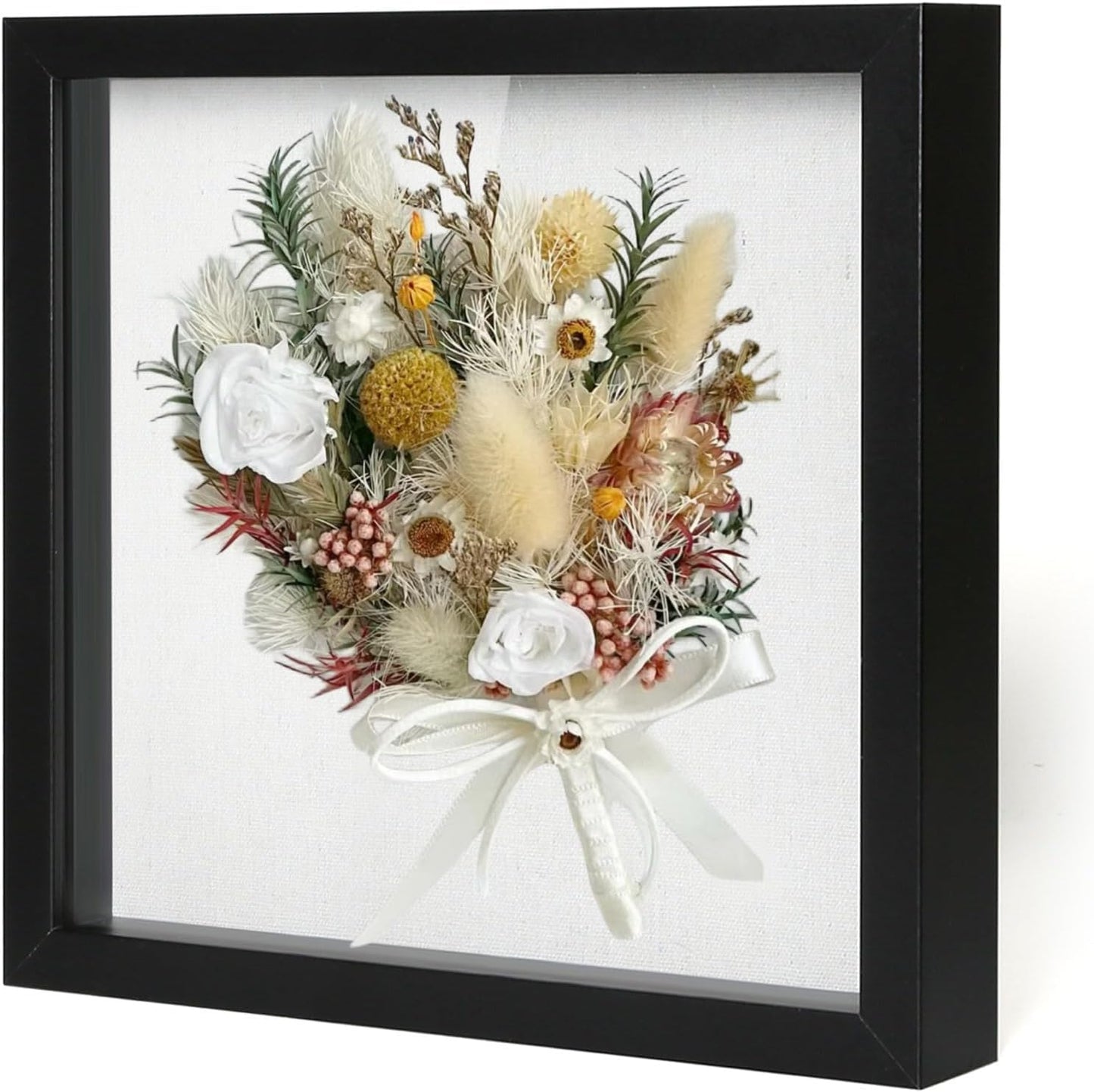 Muzilife 8x8 Shadow Box Picture Frame with Linen Board - Deep Wood & Glass Display Case Ready to Hang Memory Box Baby Sports Memorabilia, Pins, Awards, Medals, Wedding, Tickets and Photos (Black)