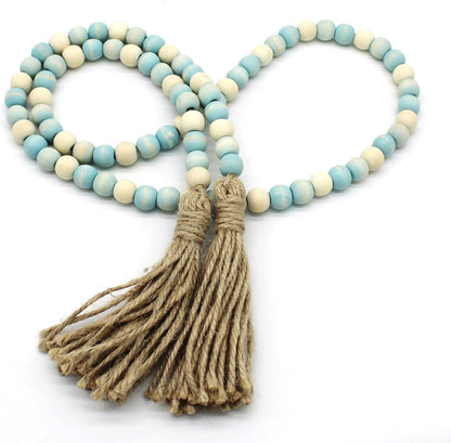 CVHOMEDECO. Wood Beads Garland with Tassels Farmhouse Rustic Wooden Prayer Bead String Wall Hanging Accent for Home Festival Decor. Mix Distressed