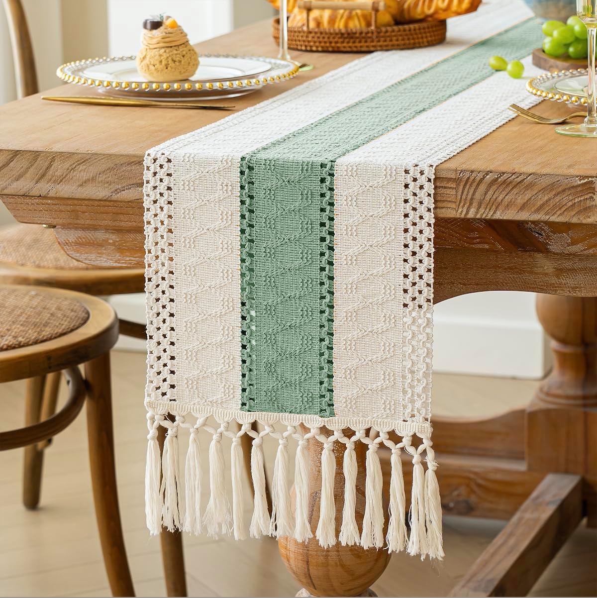 FEXIA Boho Table Runner for Thanksgiving Fall Christmas Home Decor with Tassels 72 Inches Long Pottery barn Furniture Farmhouse Rustic Macrame Burlap Table Decoration for Living Room (12x72 Inches)