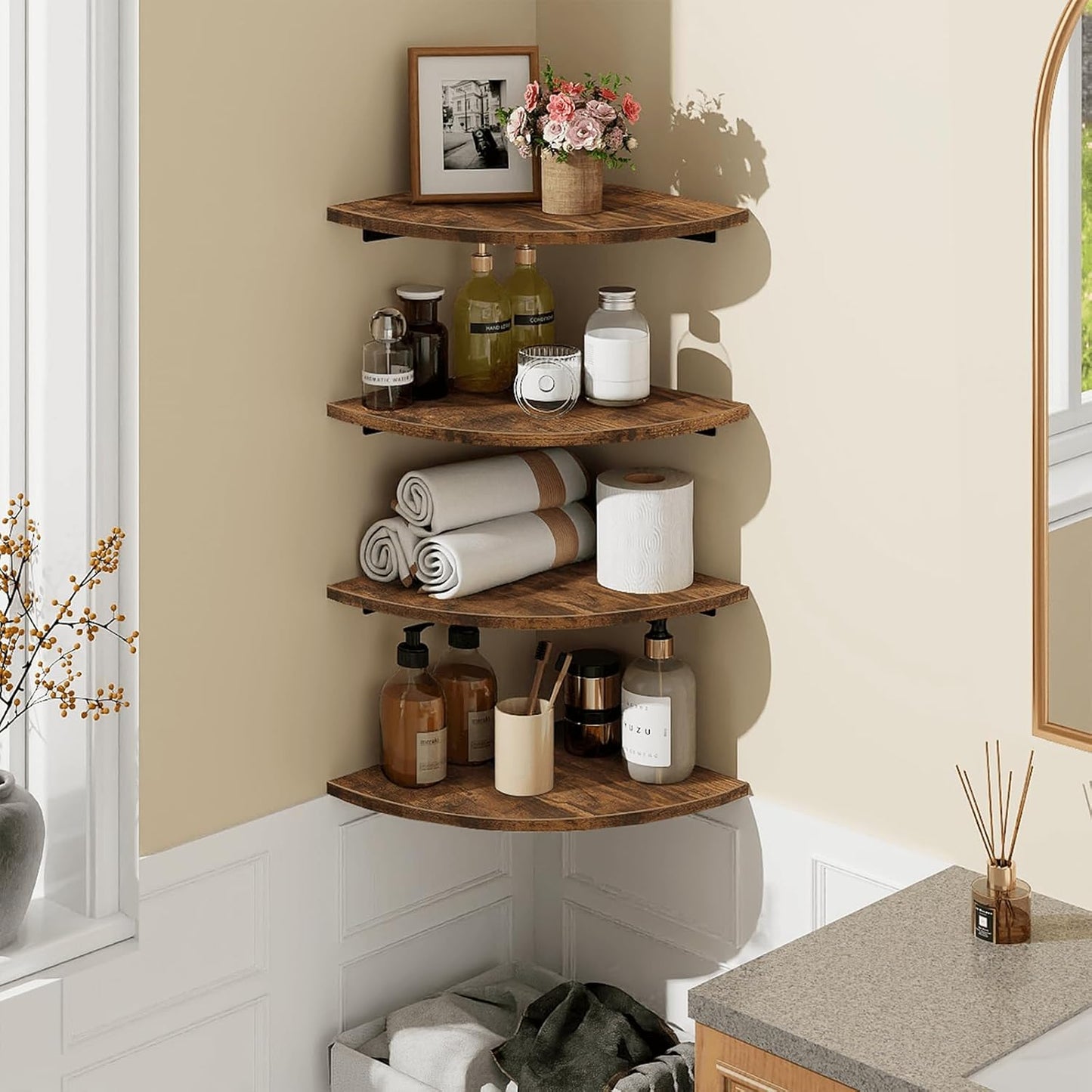 Homode Corner Wall Shelf, 12 in Wide Rounded Corner Shelf Floating, Set of 2 Wooden Hanging Corner Shelves with Wire Hole for Bathroom Living Room Office, White