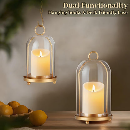 Glass Hurricane Candle Holder Decorative Gold Candle Lantern, Pillar Candlestick Holders Set of 2, Hanging Metal Holder Modern Table Centerpieces, Antique Brass