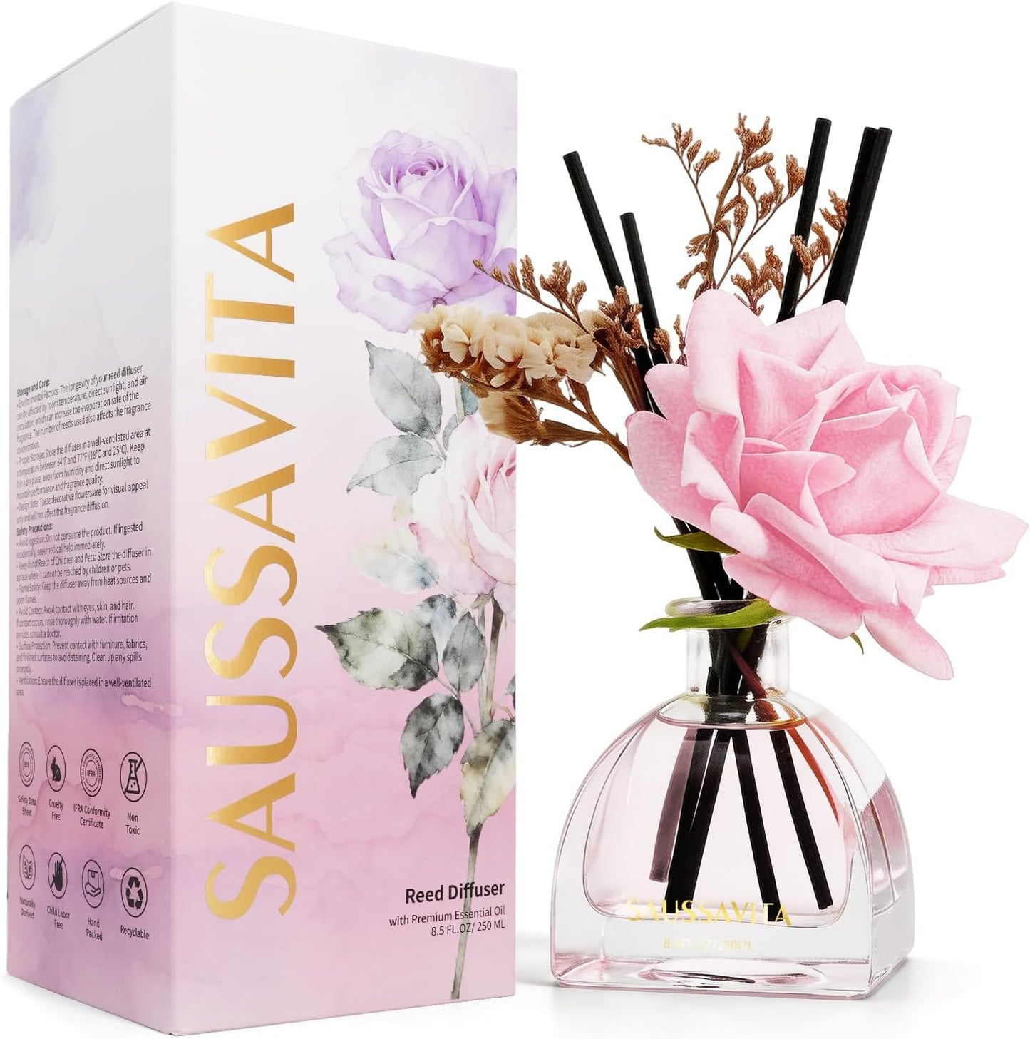 Reed Diffusers Set Flower Scented Diffuser for 140 Days, Flower Diffuser 8.5 fl oz with Dried Flowers and Decorative Rose, Long Lasting Home Fragrance with 10 Sticks for Bathroom, Shelf, Office Decor