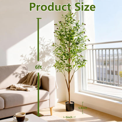 6FT Artificial Olive Tree Indoor, Tall Faux Olive Tree with Pot&Basket, Large Fake Olive Tree with Realistic 1080 Silk Leaves and 60 Fruits for Living Room Home Office Decor.