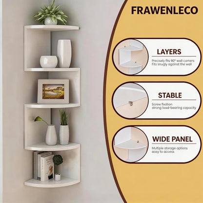 No-Drill Corner Shelf Wall Mount, 5-Tier Floating Corner Bookshelf with Hooks, Space-Saving Zigzag Plant Shelf for Bedroom, Living Room, Bathroom, Home Office