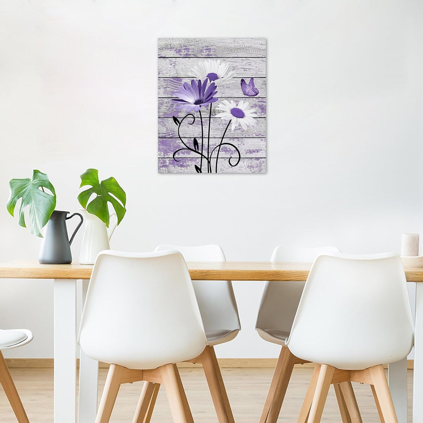 HVEST Farmhouse Floral Wall Art for Living Room, Blue and White Daisy Flower and Butterfly on Rustic Wood Board Canvas Wall Art Framed Artwork Ready to Hang for Bathroom Bedroom Decor, 16L X 12W