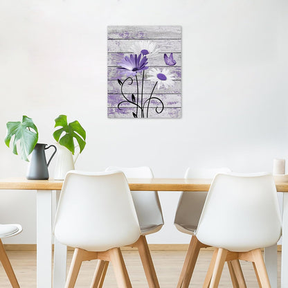 HVEST Farmhouse Floral Wall Art for Living Room, Blue and White Daisy Flower and Butterfly on Rustic Wood Board Canvas Wall Art Framed Artwork Ready to Hang for Bathroom Bedroom Decor, 16L X 12W