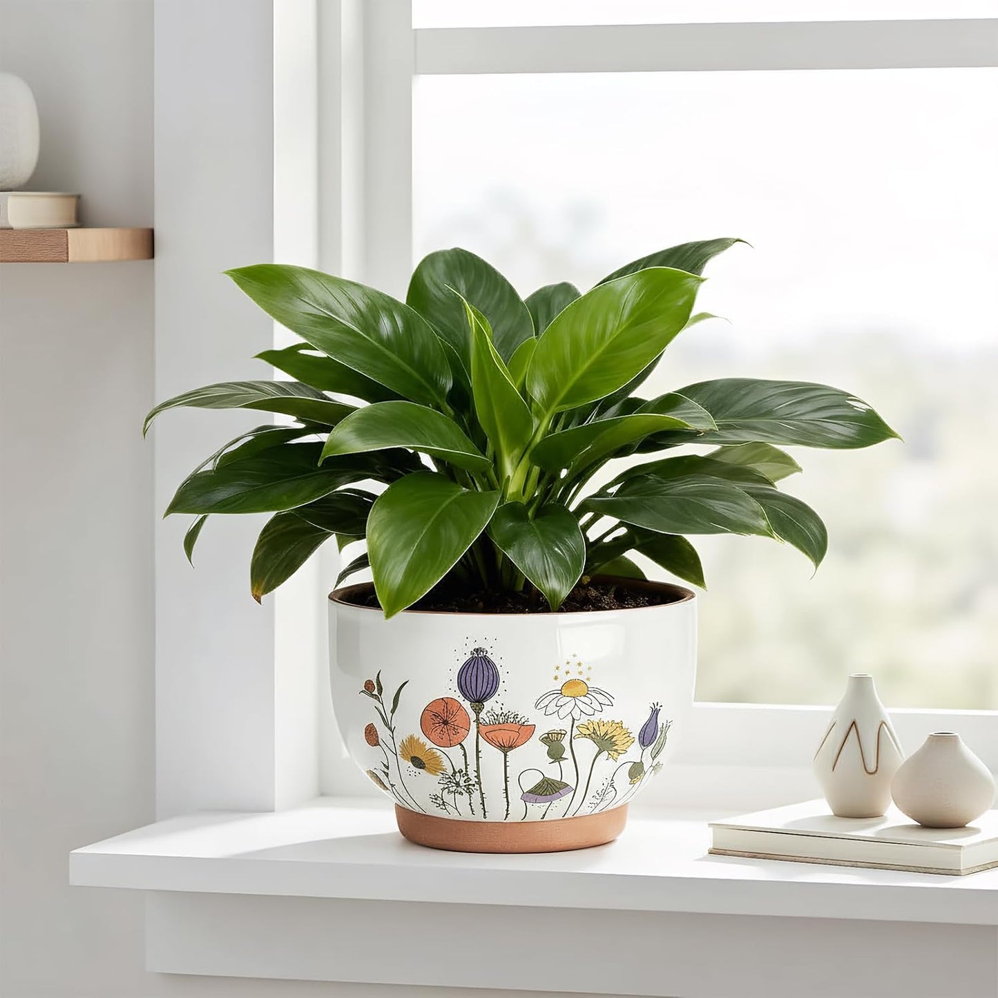 YBX 8 Inch + 6 Inch Ceramic Plant Pots, Succulent Flower Pots with Drainage Holes, Terracotta Planters for Indoor Plants, White&Terracotta (Garden)