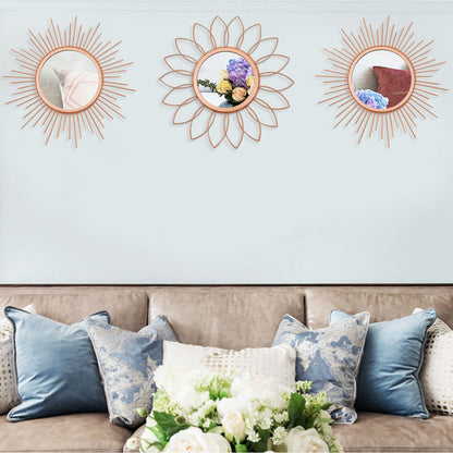3 Pack Metal Mirrors for Wall Sunburst Wall Mirrors Home Décor Decorative Hanging Wall Art for Living Room Bedroom Entryway (Gold, Flower+Sunburst)