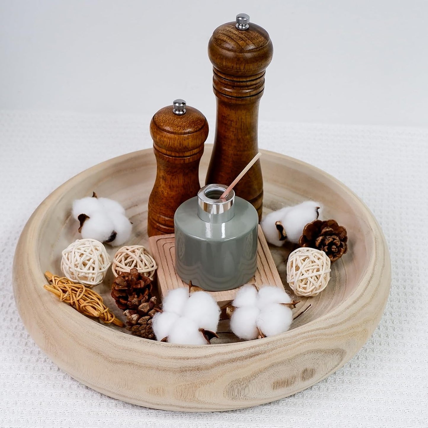 Wooden Decorative Bowls, 11.2 Inch Premium Round Serving Bowl with Rope Handles for Home Decor, Round Paulownia Wood Centerpiece Bowl for Coffee Table(Natural)