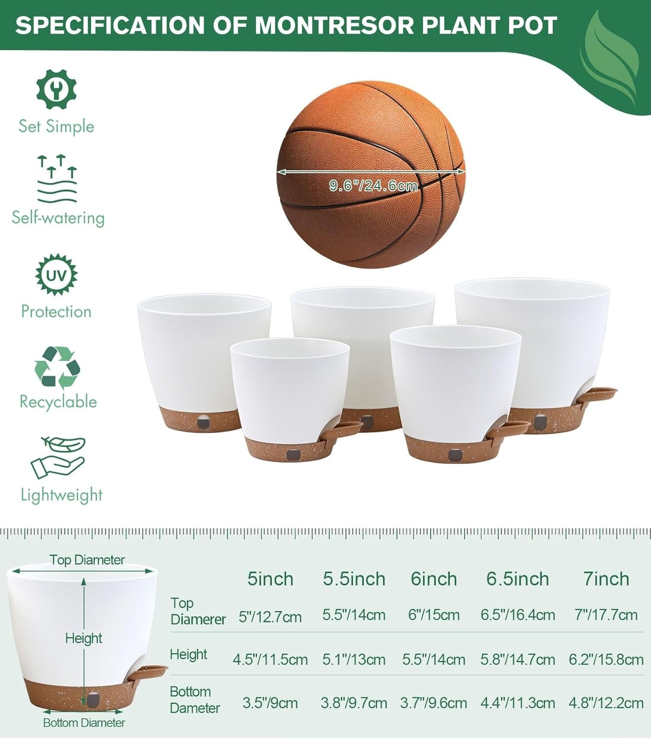 montresor 12/10/8 Inch Self Watering Pots for Indoor Plants Plastic Large Plant Pots for Outdoor Plants, Water Level Window & Spacious Reservoir Flower Pots Decorative Planter with Drainage and Tray