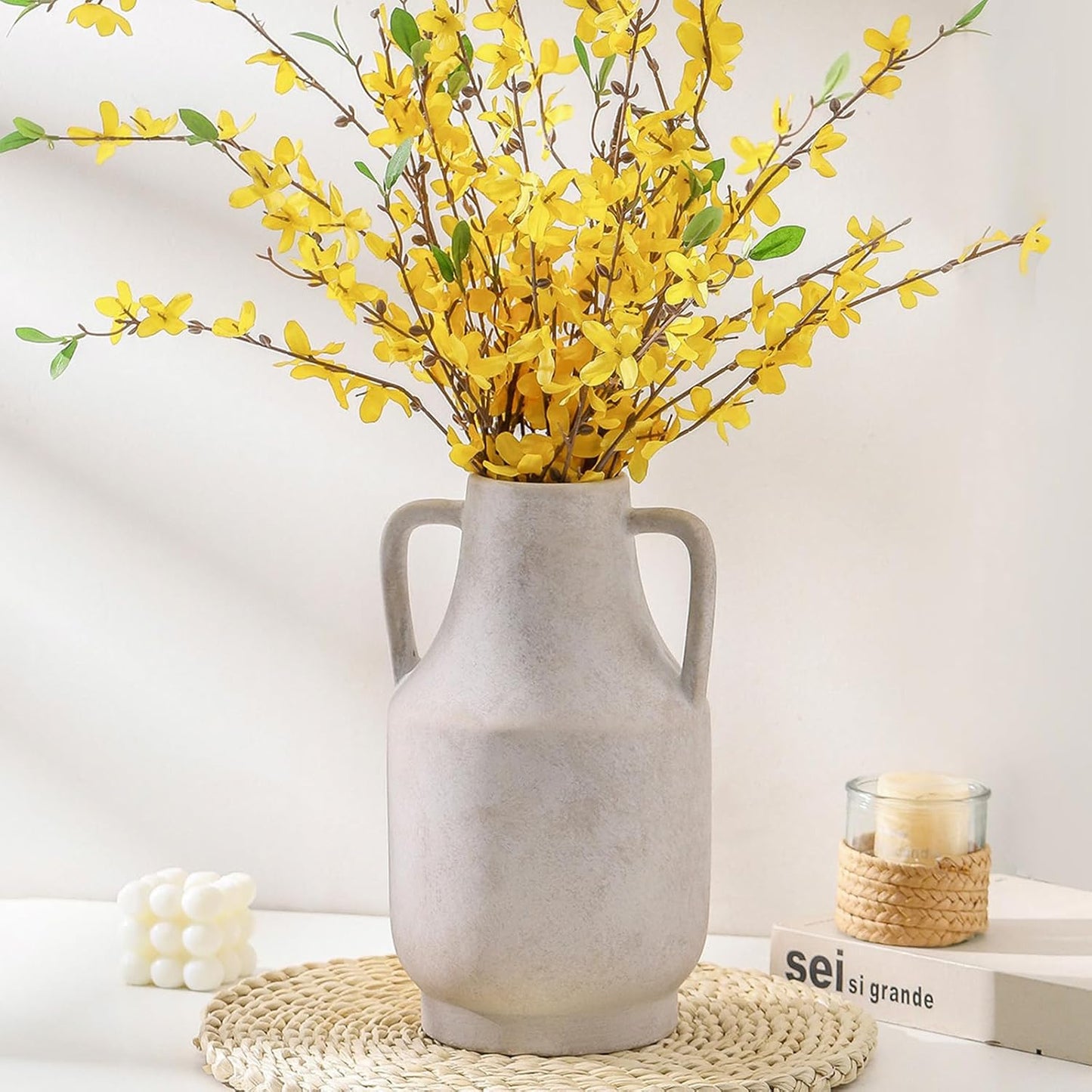 Mitt&Ditt Ceramic Flower Vase with Handles, 11 inch Tall Vase for Centerpieces, Large Decorative Terracotta Vases, Farmhouse Rustic Vases for Home Decor, Living Room, Table, Neutral