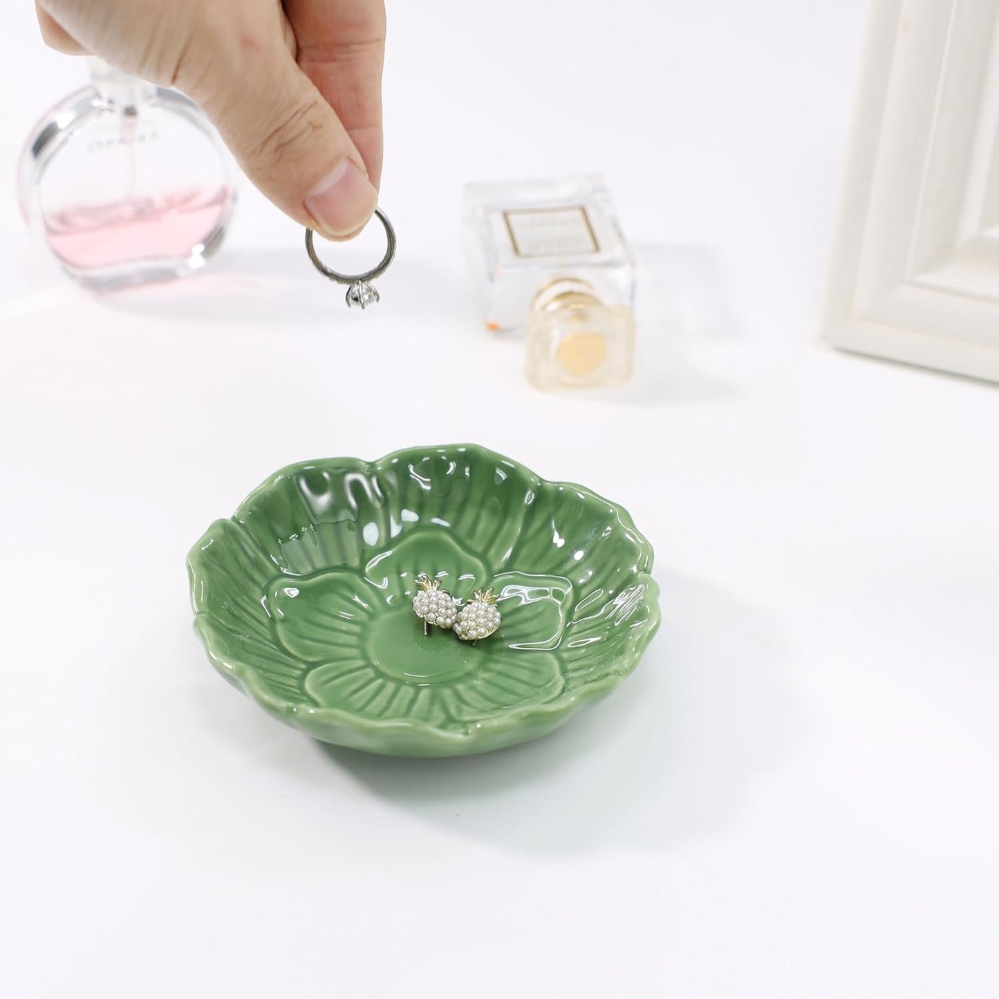 Pink Flower Ring Dish Holder,Jewelry Dish Tray,Small Trinket Tray,Jewelry Plate Bowl,Key Bowl,Decorative Plate,Mothers Day Birthday Gifts for Women Friends,Ceramic Kiln effect White