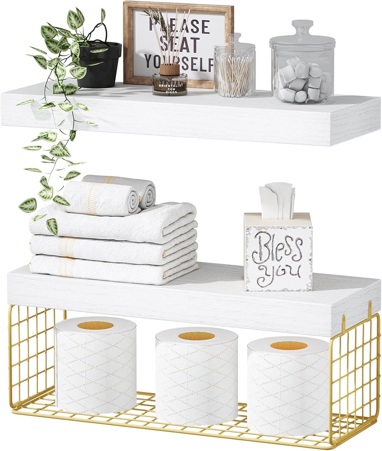 QEEIG Bathroom Shelves Over Toilet - Wall Mounted Floating Shelves Toilet Paper Storage Small Farmhouse Decor Shelf 16 inch Set of 3, Rustic Brown (019-BN3)