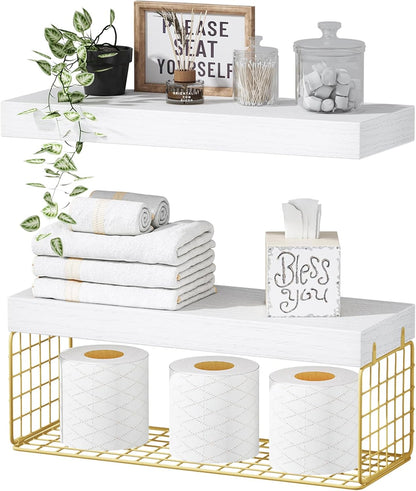QEEIG Bathroom Shelves Over Toilet - Wall Mounted Floating Shelves Toilet Paper Storage Small Farmhouse Decor Shelf 16 inch Set of 3, Rustic Brown (019-BN3)