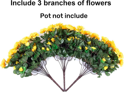 Ivydale Artificial Fake Flowers Plants for Outdoor Outside Spring Decor, Faux Silk Yellow Camellia UV Resistant Look Real for Planter Pot Porch Patio Balcony Garden Yard, 3 Large Bundles