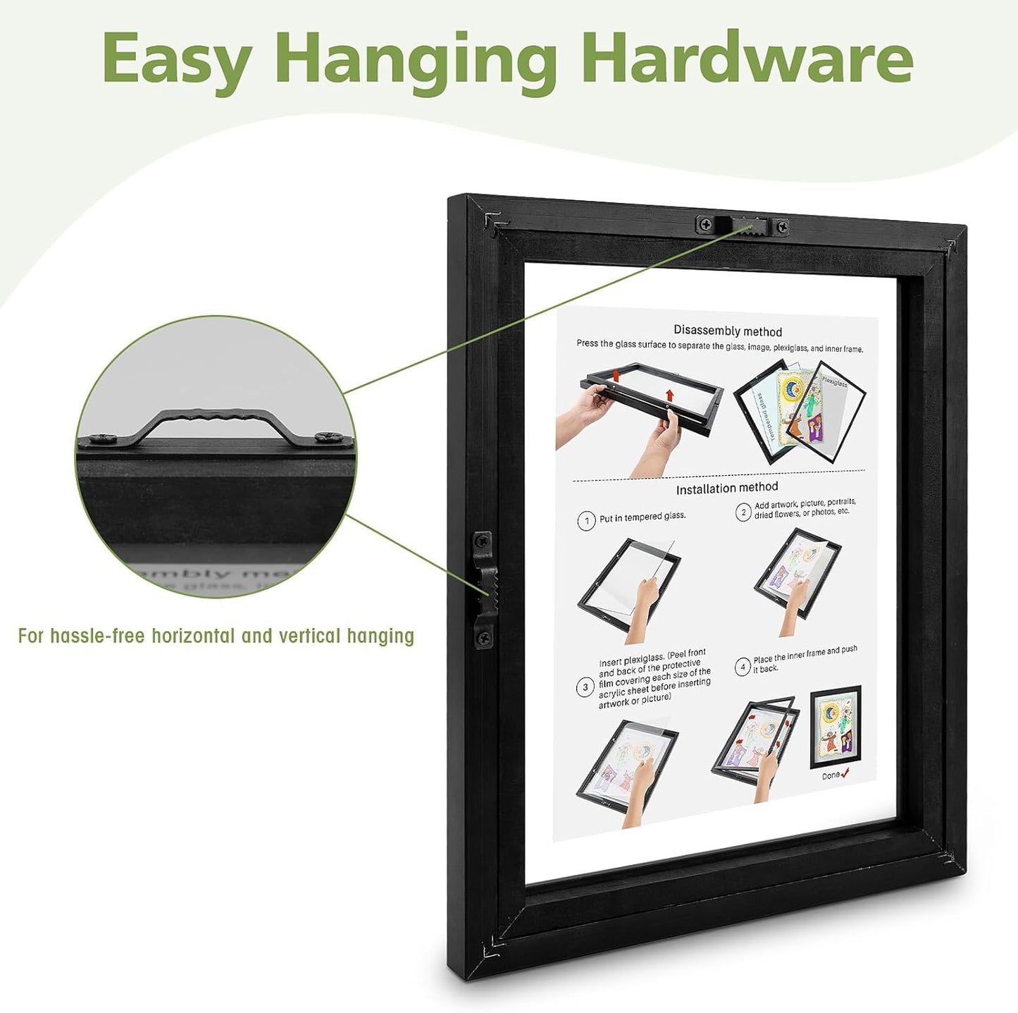 Golden State Art, 11X14 Floating Picture Frame, Black Wood Frame Display Any Size Photo Up To 11X14, Pressed Flower Frames with Hanging Hardware - Horizontal And Vertical Formats for Wall
