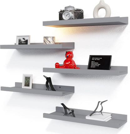 RICHER HOUSE 5 Set Floating Wall Mounted Shelves, Black Shelves for Wall Decor, Modern Picture Ledge Shelf with Lip for Storage, Nursery, Bedroom, Living Room, Bathroom - Black