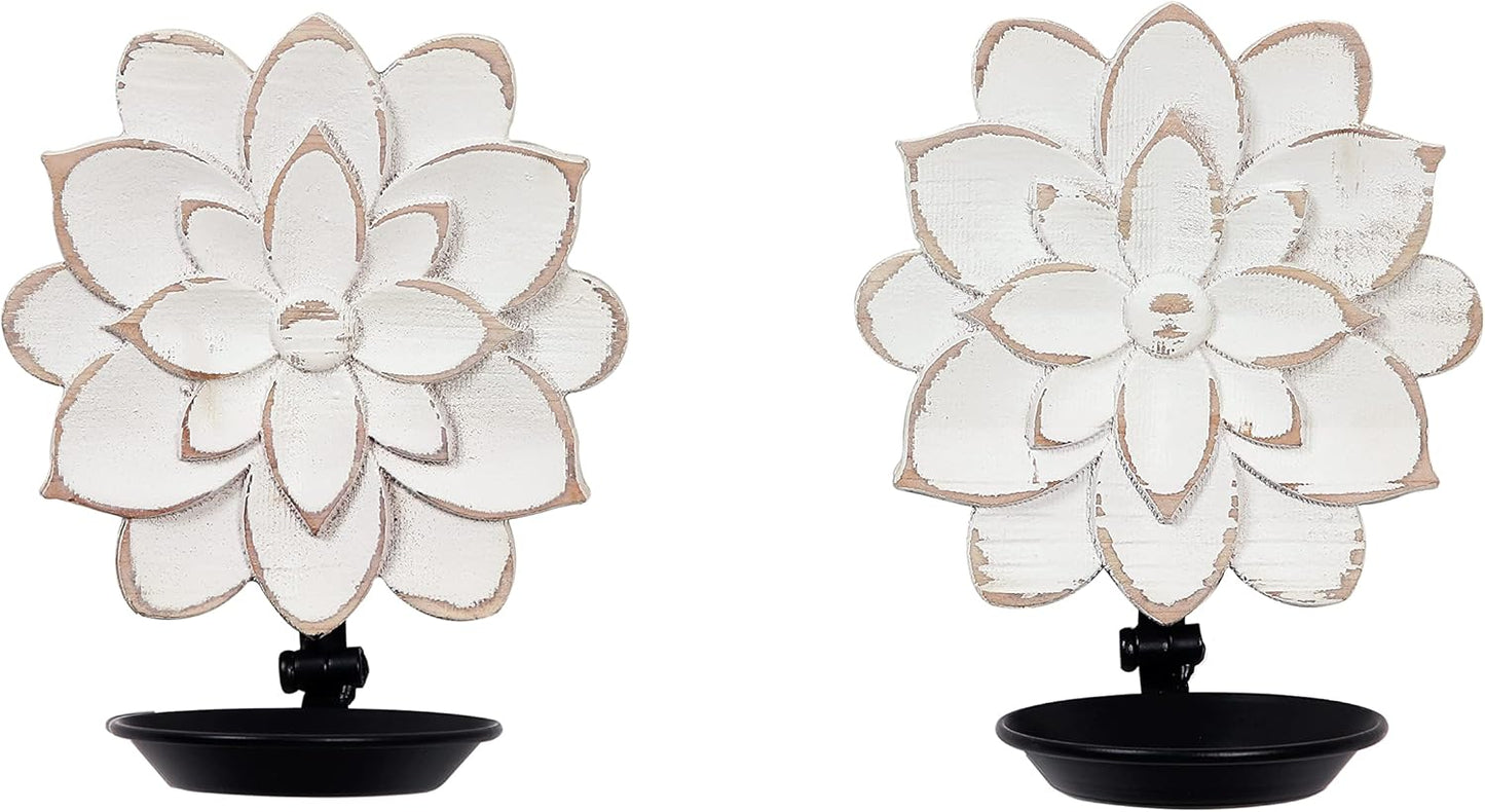 Farmhouse Candle Sconces Set of Two, Handcarved Wall Candle Holders Decorative, Flower Pattern, Distressed Finish Rustic Candle Holder Wall Decor for Living Room, Hallway