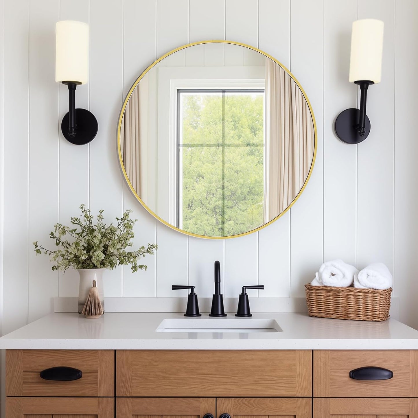 NEWBULIG 20IN Round Bathroom Wall Mirror, Modern Vanity Mirrors for Over Sink, HD Glass Decorative for Entryway, Bedroom & Living Room, Gold
